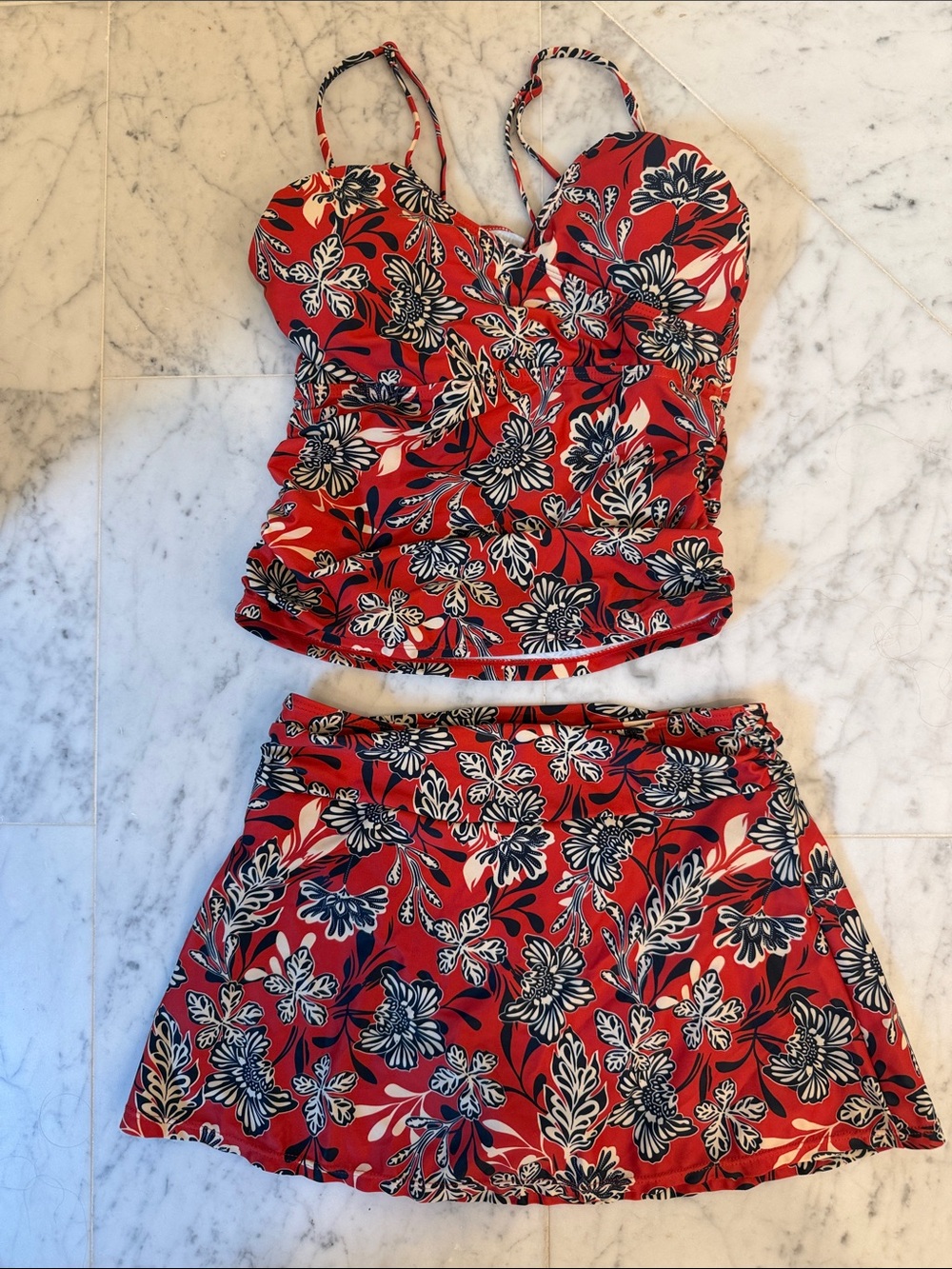 Burnt Orange Floral Tankini Swim Set with Skirt